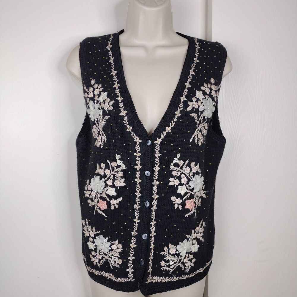 Vtg Worthington Black Floral Embroidered Embellished Beaded Sweater Vest Sz M